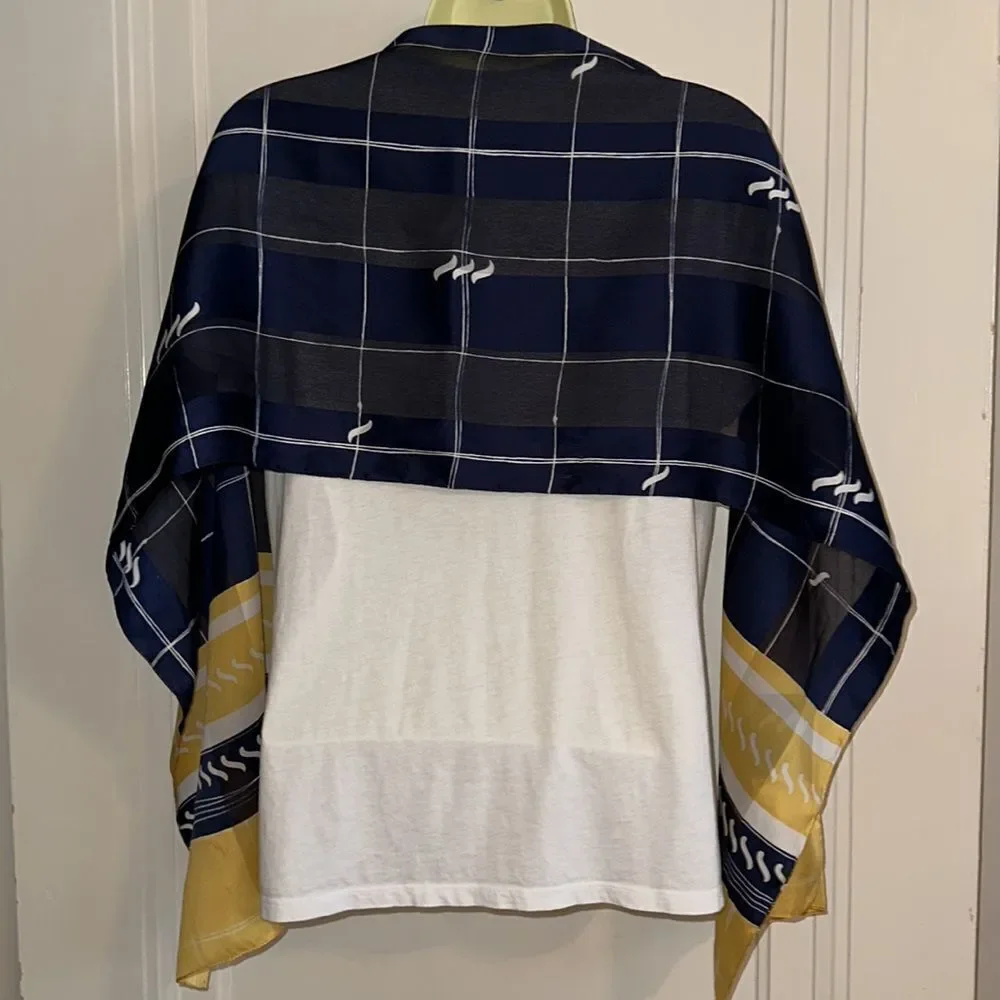 Vintage mid Century I.Shalom & Co navy blue, yellow &‎ white polyester scarf